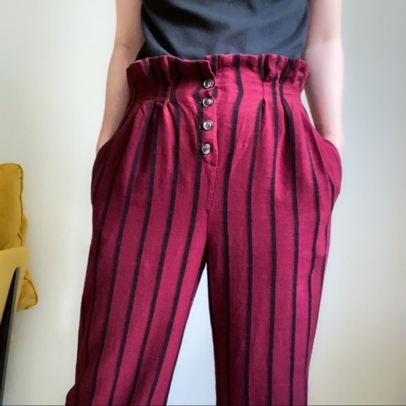 NWOT RESET Burgundy Black Stripe Linen Blend Paper Bag Wide Leg Pants - Picture 2 of 10